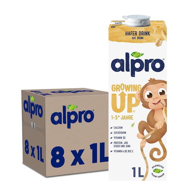 Alpro Kinderhaferdrink – 100 Prozent pflanzlich – Von Natur aus laktosefrei und zuckerarm – Proteinquelle mit Calcium und Vitaminen – 8 x 1 L 8 l (1er Pack) Growing Up Haferdrink