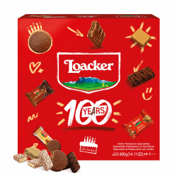 Loacker "Best of Moments" 100 Jahre Jubiläumsedition Mischung (400g) • Mix aus Mini-Waffeln & Schokoladenspezialitäten mit Haselnuss, Vanille, Kokos • Schokoladenmischung • Partybox oder zum Naschen Angebot bei HelloDeals