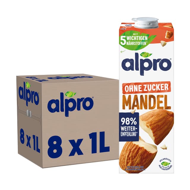 Alpro Mandeldrink Ohne Zucker – Quelle von Calcium und Vitaminen – Zuckerfrei, glutenfrei, fettarm, ohne Laktose, vegan und milchfrei – 8 x 1 L – Haltbar Mandeldrink Ohne Zucker 1 l (8er Pack)