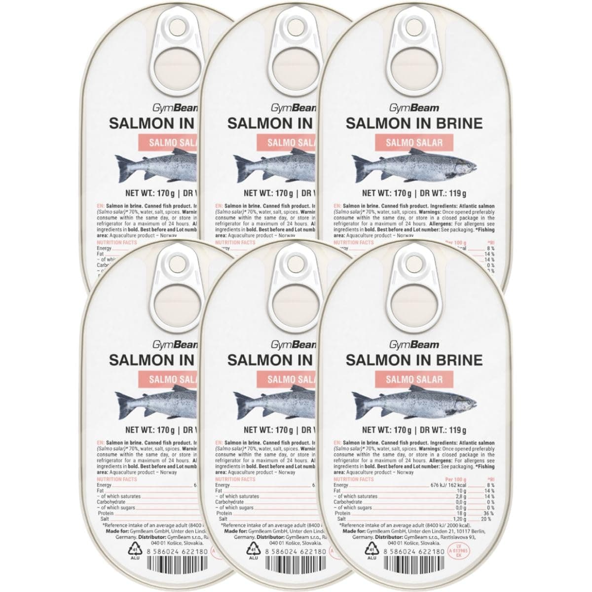GymBeam Lachs in Salzlake - Verzehrfertiges atlantisches Lachsfilets, reich an Geschmack & Nährstoffen, aus Norwegen, glutenfrei, laktosefrei, GVO-frei (170 g (6er pack))