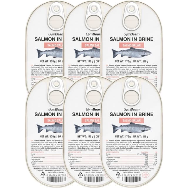 GymBeam Lachs in Salzlake - Verzehrfertiges atlantisches Lachsfilets, reich an Geschmack & Nährstoffen, aus Norwegen, glutenfrei, laktosefrei, GVO-frei (170 g (6er pack))