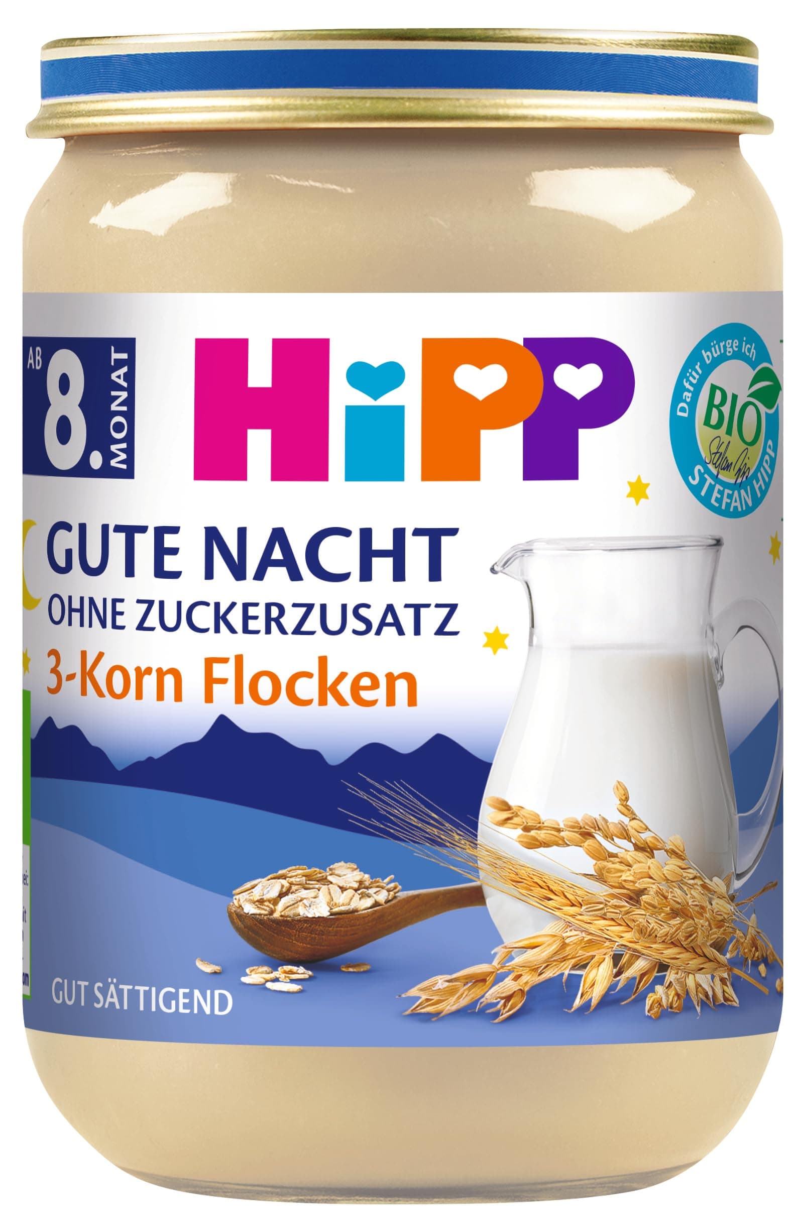HiPP Bio Gute Nacht 3-Korn Flocken (6 x 190g), Babybrei ab 8. Monat, ohne Zuckerzusatz, gut sättigend, in bester Bio-Qualität gute nacht - ohne zuckerzusatz, 3-korn-flocken 190 g (6er Pack)