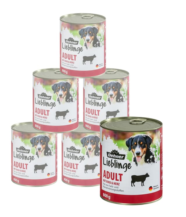 Dehner Lieblinge Hundefutter Adult | Nassfutter | mit Rind und Herz | viele Fleischstückchen | mit Spurenelementen | Calcium | ohne Farb- & Konservierungsstoffe | Immununterstützung | 6 x 800 g Rind 800 g (6er Pack)