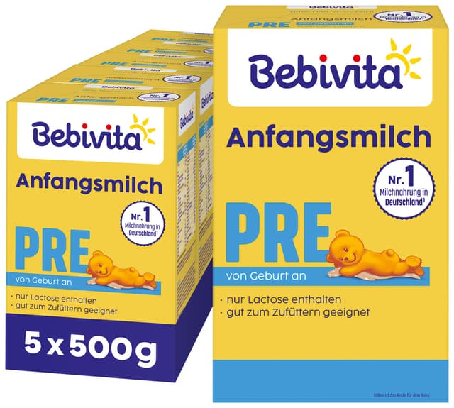 Bebivita PRE Anfangsmilch (5 x 500g), von Geburt an, enthält nur Lactose als Kohlenhydrat, gut zum Zufüttern 500 g (5er Pack)