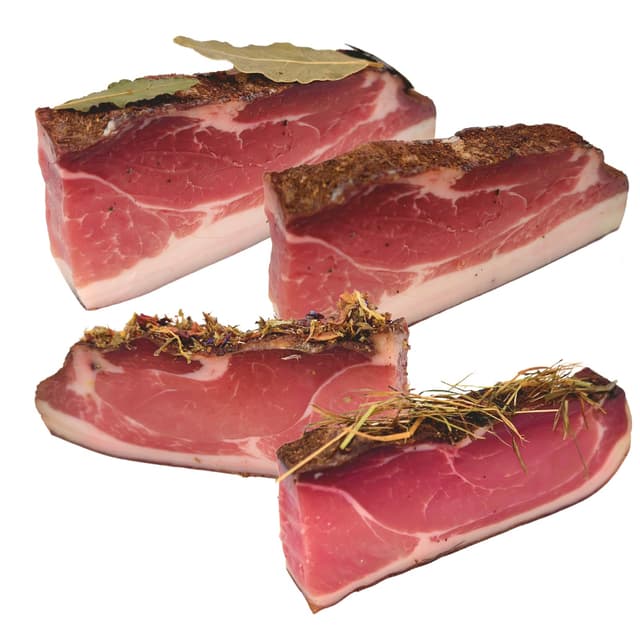 BAVAREGOLA Südtiroler Speck Set - 4 Stücke á 200g - g.g.A. Speck, Heuspeck, Lorber Speck & Bergblumenspeck - Original Südtiroler Speck Spezialität - Schinkenspeck geräuchert & luftgetrocknet 4er Speck Set