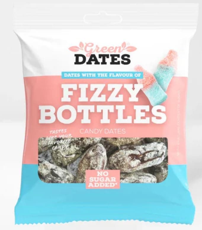Green Dates Fizzy Bottles 90g – Dattelsnack mit prickelndem Brausegeschmack – Vegan, fruchtig & ohne Zuckerzusatz – Der natürliche Süßigkeiten-Kick für Groß & Klein
