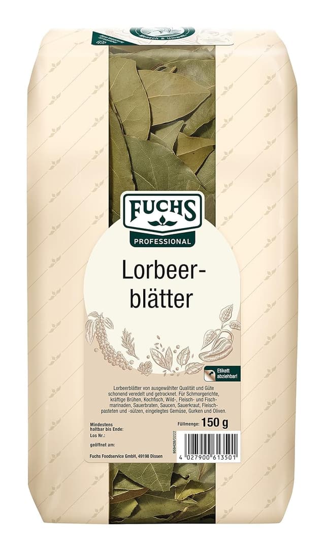 Fuchs Professional - Lorbeerblätter | Zum Würzen von Saucen, Suppen und Eintöpfen | Profi-Qualität für Großverbraucher und Gastronomie | 150 g im recyclebaren Beutel