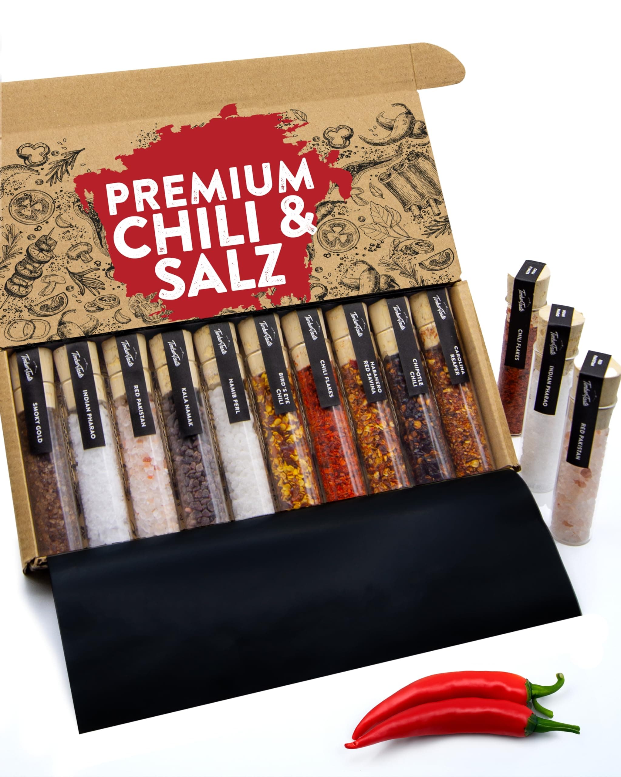 TIMBER TASTE® Scharfes Salz & Chili Gewürze Geschenkset [BIS 950.000 SCOVILLE] - Erlesene Salze & Chilli Gewürze aus aller Welt - Besonderes Gewürz Geschenk für Männer & Frauen - 10er Set Salz & Chili - Geschenkset