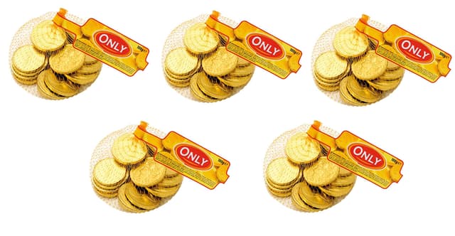 Only Schoko Goldmünzen 5x85g | Essbare Schokoladentaler in Goldfolie | Perfekt für Schatzsuchen, Kindergeburtstage, Wurfmaterial & Mitgebsel | Kakao 28%