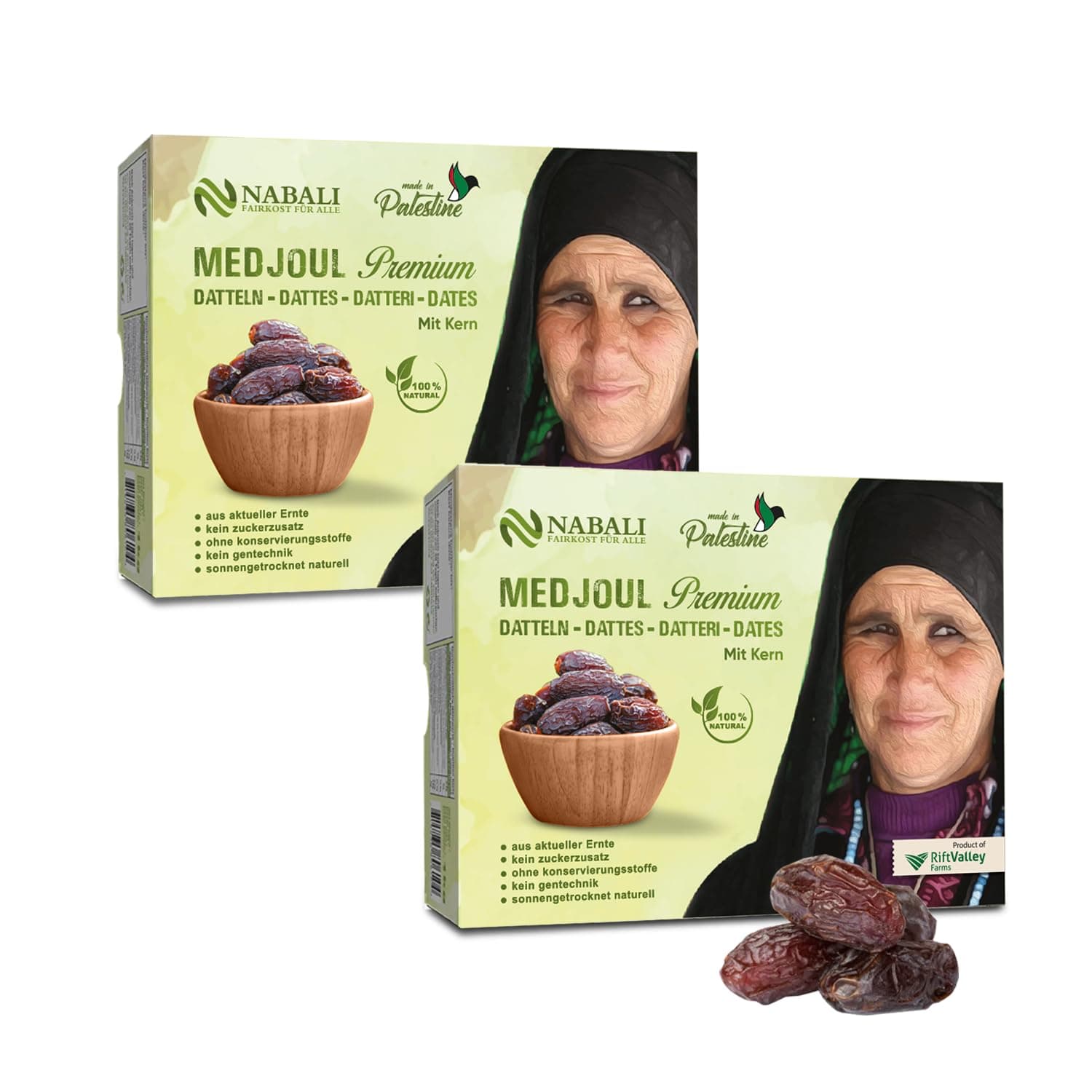 NABALI FAIRKOST FÜR ALLE Medjool Medjoul Datteln aus Palästina 2 x 1 kg - 100% naturell vegan aromatisch traditionell frisch & orientalisch I ohne Konservierungsstoffe I Premium 1kg (2er Pack) Large/Jumbo