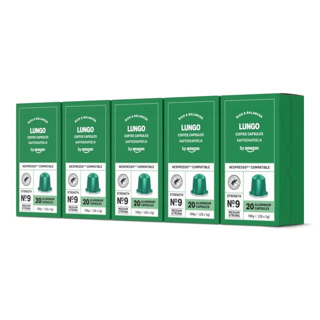 by Amazon Lungo Aluminium-Kaffeekapseln, kompatibel mit Nespresso, mittelgeröstet, 100 Stück (5 Packungen mit je 20 Stück) – Rainforest Alliance zertifiziert Lungo 100 g (5er Pack)