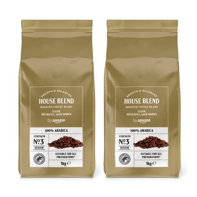 by Amazon Kaffeebohnen, Mittlere Röstung, 100% Arabica, Amaretto, 2kg (2 Packungen mit 1kg) House Blend 1 kg (2er Pack)