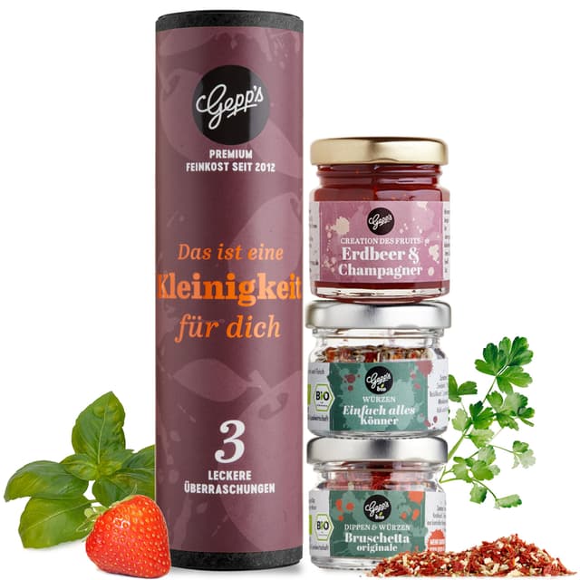 Gepp's Feinkost Geschenkset "Eine Kleinigkeit" I Gourmet Geschenkset Männer & Frauen mit Bruschetta Dip, Erdbeer-Champagner-Aufstrich I Kleines Probierset ohne künstliche Zusätze