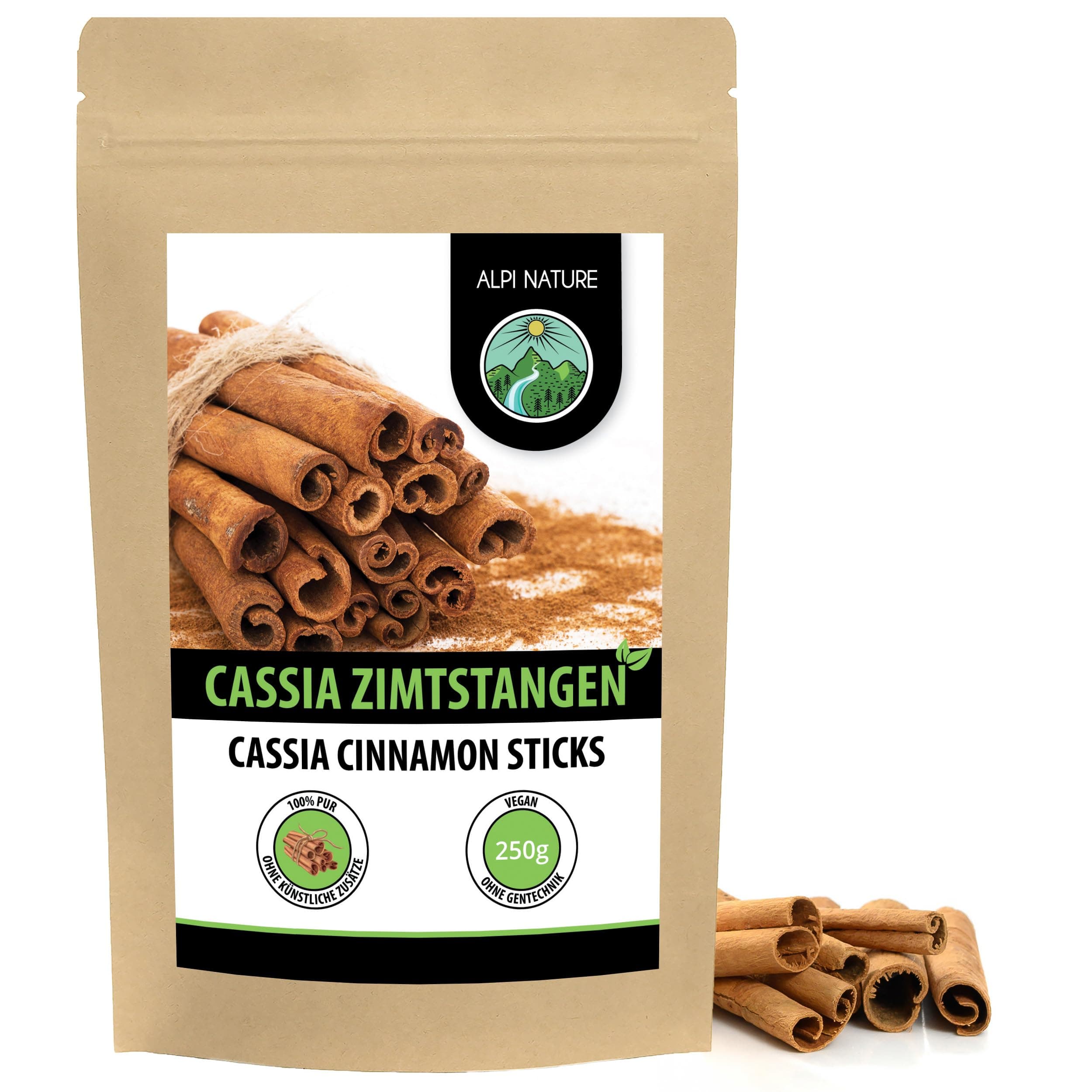 Alpi Nature Zimtstangen 250g, Zimtstangen ganz 60mm, ca. 75-77 Stangen pro Beutel, Cassia Zimt