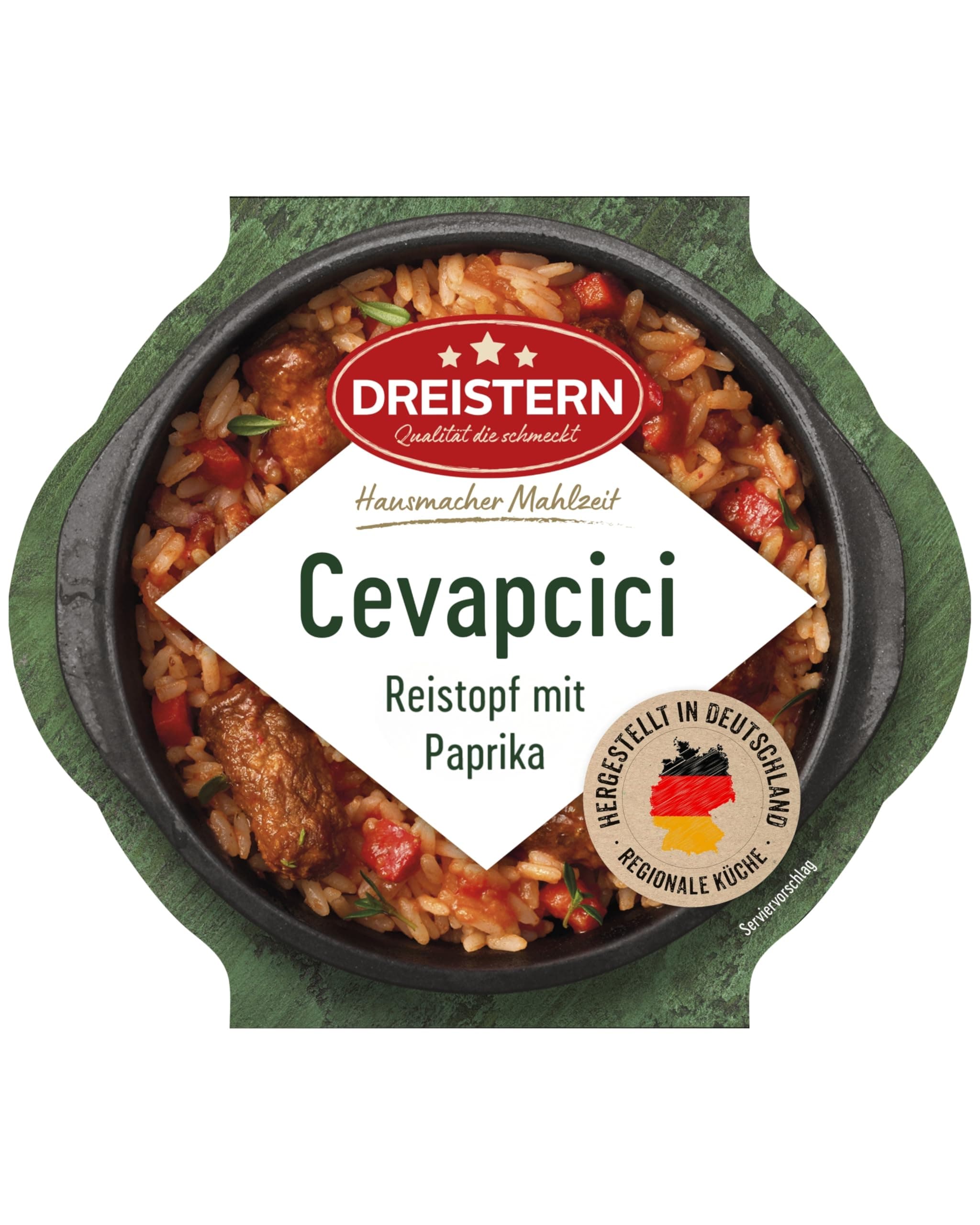 DREISTERN Cevapcici 400g I Mit Paprika & Reis I Herzhaftes Fertiggericht in Mikrowellenschale I Lange Haltbarkeit dank natürlicher Konservierung I Hausmacher Qualität 400 g (1er Pack)