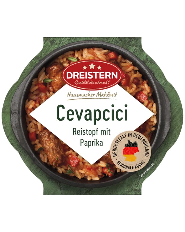 DREISTERN Cevapcici 400g I Mit Paprika & Reis I Herzhaftes Fertiggericht in Mikrowellenschale I Lange Haltbarkeit dank natürlicher Konservierung I Hausmacher Qualität 400 g (1er Pack)