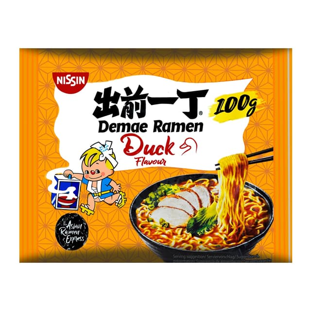 Nissin Demae Ramen – Ente, Einzelpack, Instant-Nudeln japanischer Art, mit Entenfleisch-Geschmack, Knoblauch & asiatischen Gewürzen, schnell & einfach zubereitet, asiatisches Essen (1 x 100 g) 100 g (1er Pack)