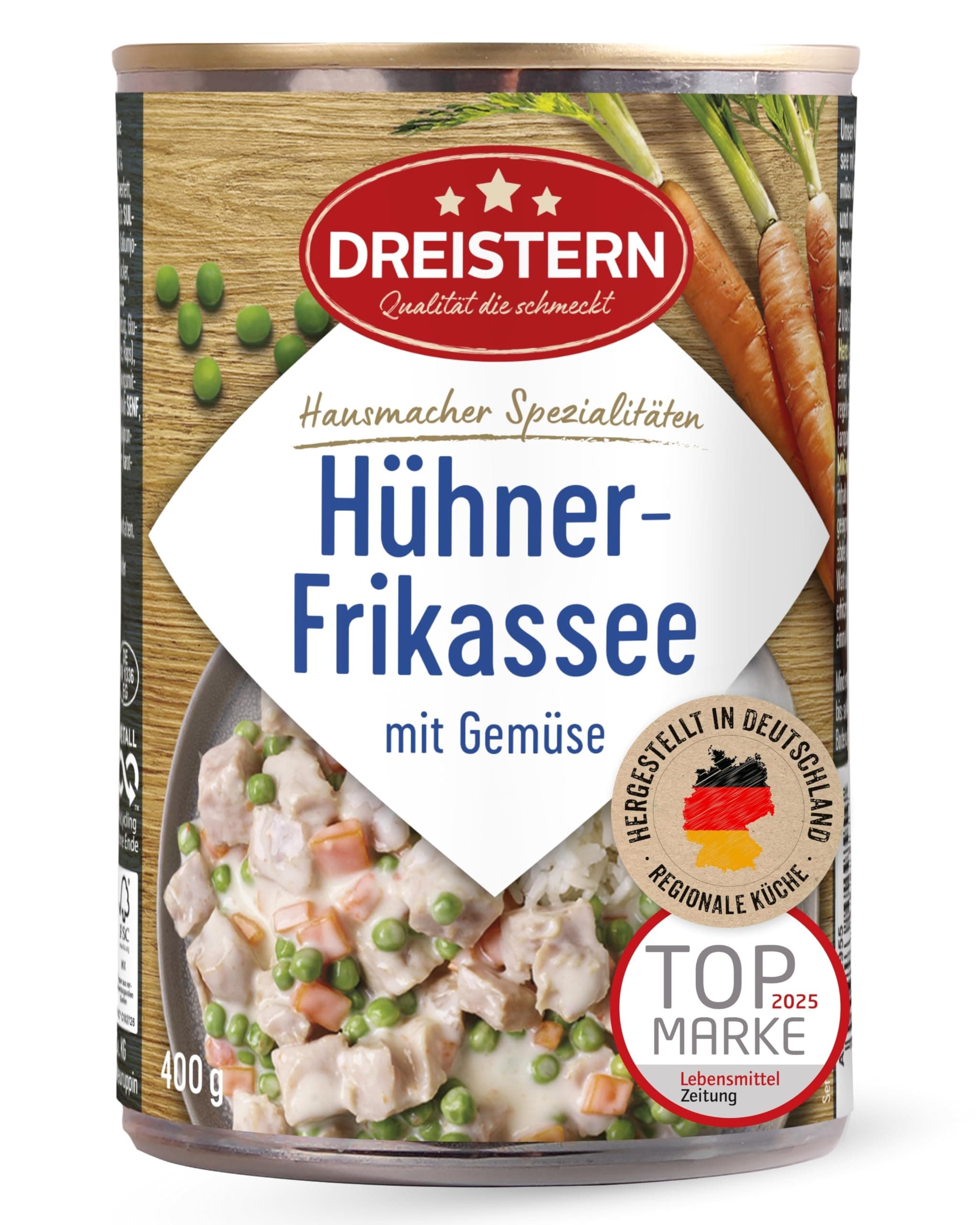 DREISTERN Hühnerfrikassee 400g I Mit zartem Gemüse I Herzhaftes Fertiggericht in recyclebarer Konservendose I Lange Haltbarkeit dank natürlicher Konservierung I Hausmacher Qualität 400 g (1er Pack)