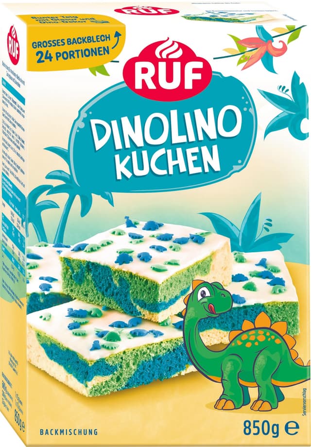 RUF Dinolino Kuchen, dreifarbiger Blechkuchen Zitronen-Geschmack mit Zuckerglasur und bunten Dino-Streuseln, perfekt für Kindergeburtstage und Babyshower-Partys, 850g Dinokuchen 850 g (1er Pack)