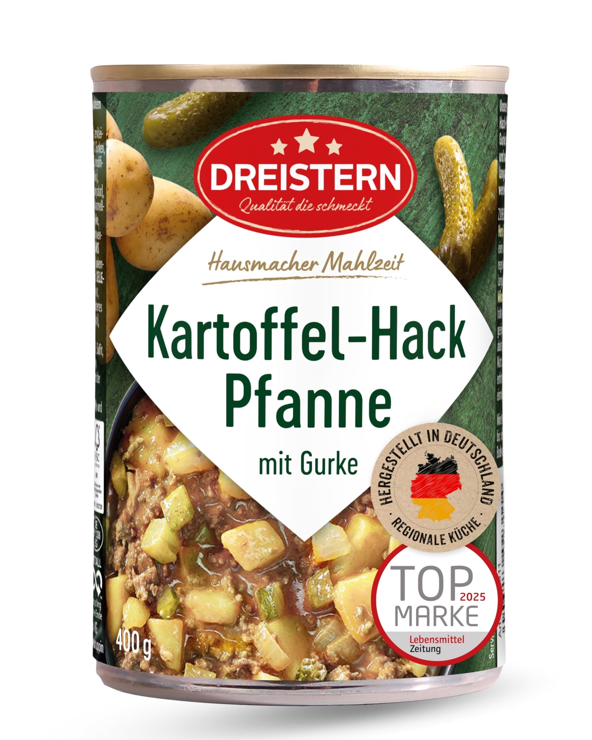 DREISTERN Kartoffelpfanne 400g I Mit Gehacktem & Gurke I Herzhaftes Fertiggericht in recyclebarer Konservendose I Lange Haltbarkeit dank natürlicher Konservierung I Hausmacher Qualität 400 g (1er Pack)