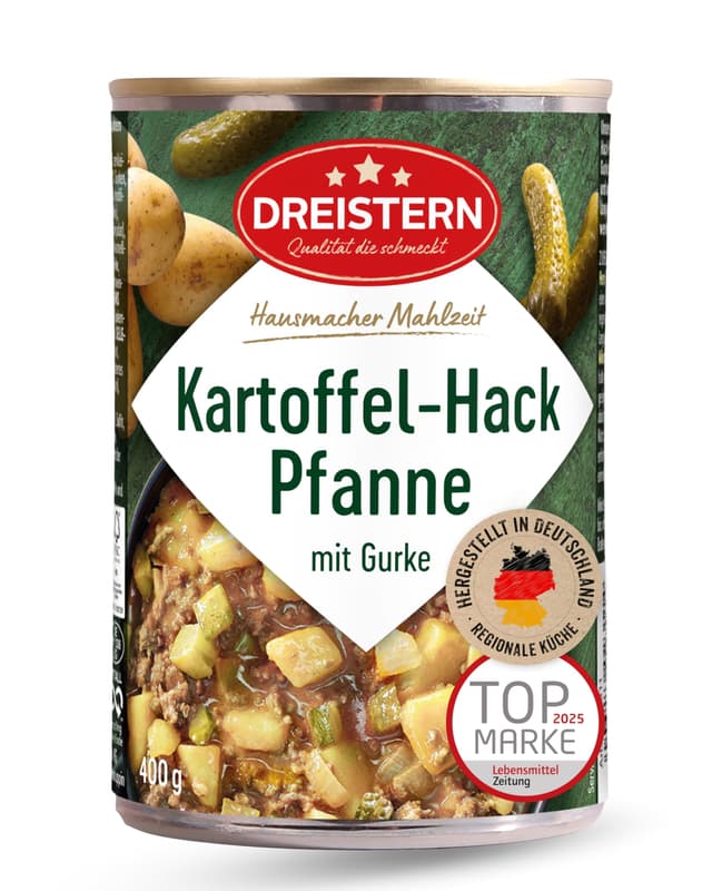 DREISTERN Kartoffelpfanne 400g I Mit Gehacktem & Gurke I Herzhaftes Fertiggericht in recyclebarer Konservendose I Lange Haltbarkeit dank natürlicher Konservierung I Hausmacher Qualität 400 g (1er Pack)