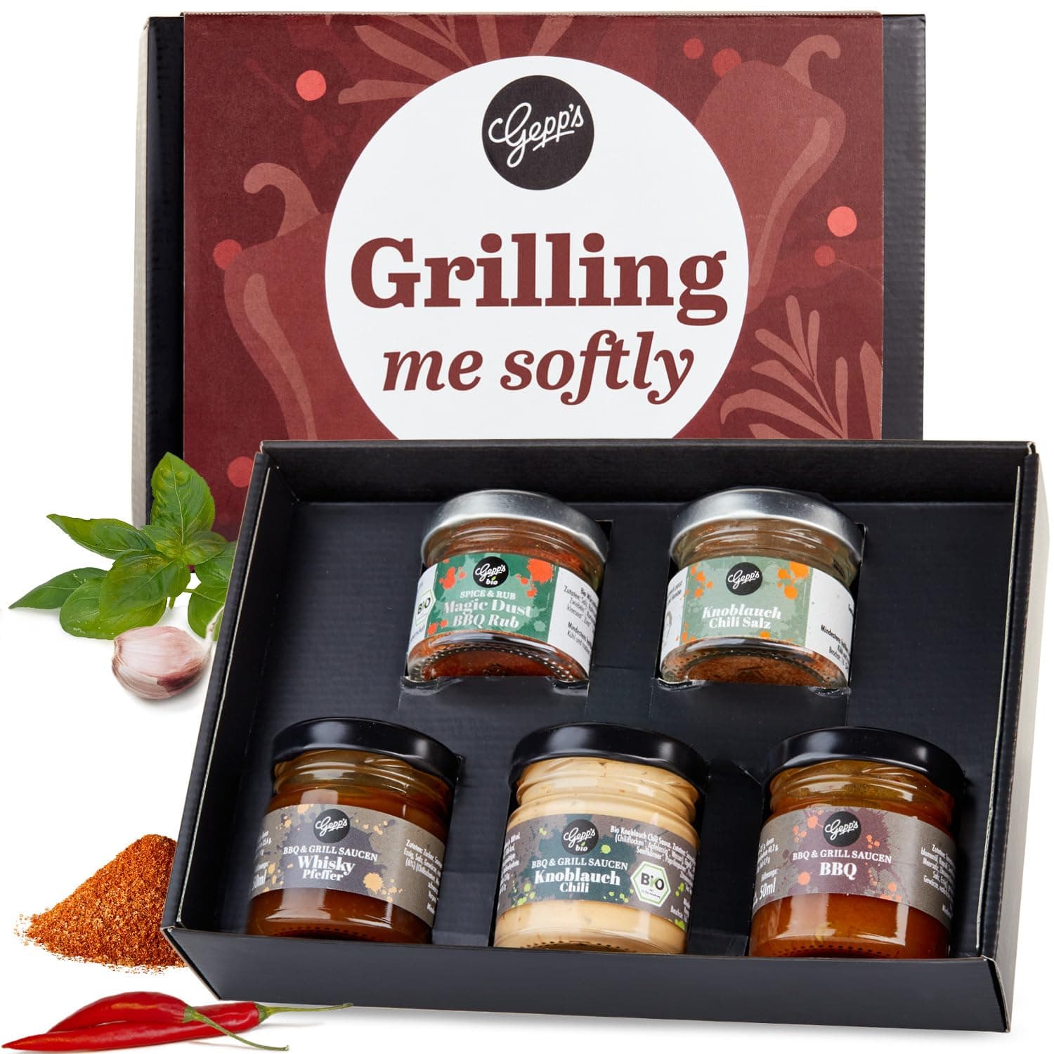 Gepp's Feinkost Grilling me softly I Männergeschenk mit Gewürzen & BBQ Saucen I Grillgeschenk für Männer I Geschenk mit Spezialitäten wie Magic Spice Gewürz & Whiskey Pfeffer Sauce Grillen