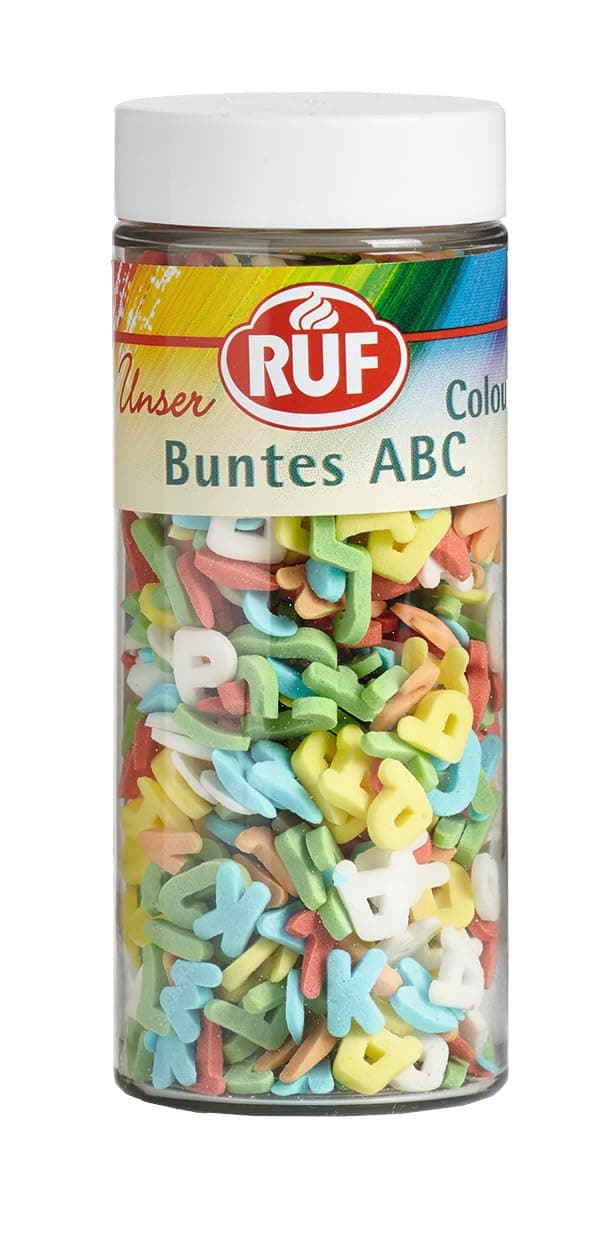 RUF ABC Streusel, Buchstaben Streusel essbar, ABC für Kuchen, Cup Cakes und Plätzchen, essbare Tortendeko 45 g Buntes ABC