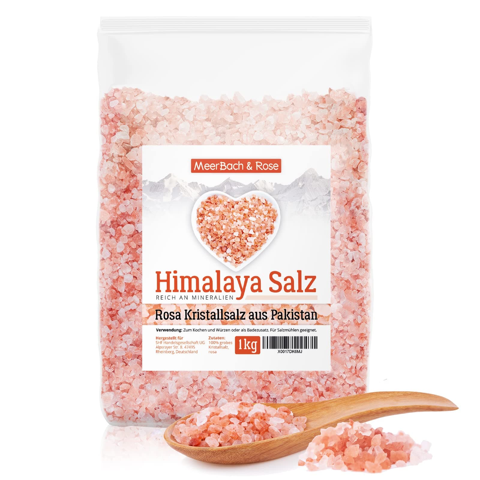 MeerBach & Rose Himalaya Salz, rosa Kristallsalz, 1kg grobe Körnung für die Salzmühle, Pink Salt, Badesalz, original aus Punjab Pakistan 1 kg (1er Pack)