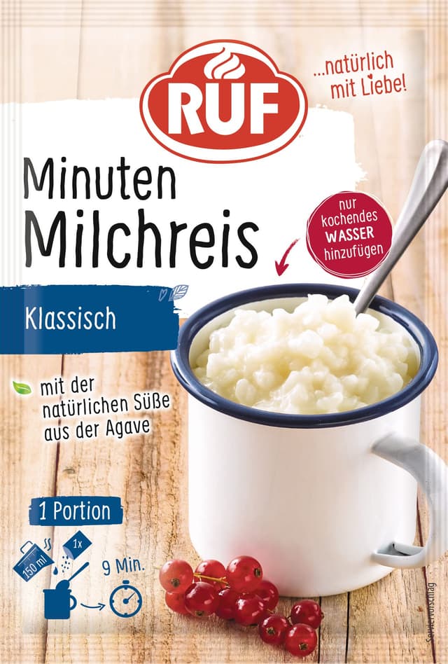 RUF Tassen-Milchreis Klassisch, Instant Reisbrei aus der Tasse, Tassengericht ideal für unterwegs oder zwischendurch, fertig in 9 Minuten, 1 x 55g