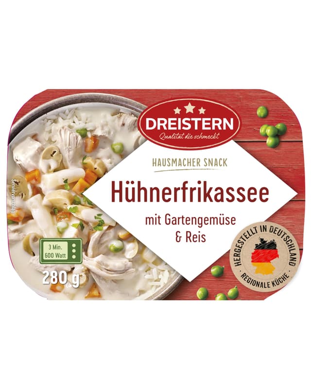 DREISTERN Hühnerfrikassee 280g I Mit Gemüse & Reis I Herzhaftes Fertiggericht in Mikrowellenschale I Lange Haltbarkeit dank natürlicher Konservierung I Hausmacher Qualität