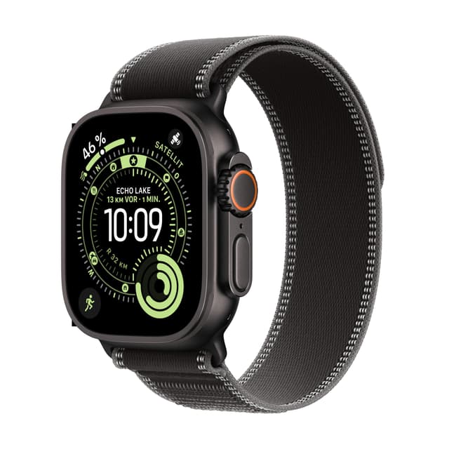 Apple Watch Ultra 3 GPS + Cellular 49 mm Premium Smartwatch für Lauftraining und Kombinationssport mit robustem Titangehäuse in Schwarz und Trail Loop in Schwarz/Kohlegrau (M/L) Trail Loop M/L - für 145-220 mm Umfang Schwarz/Kohlegrau Titangehäuse Schwarz