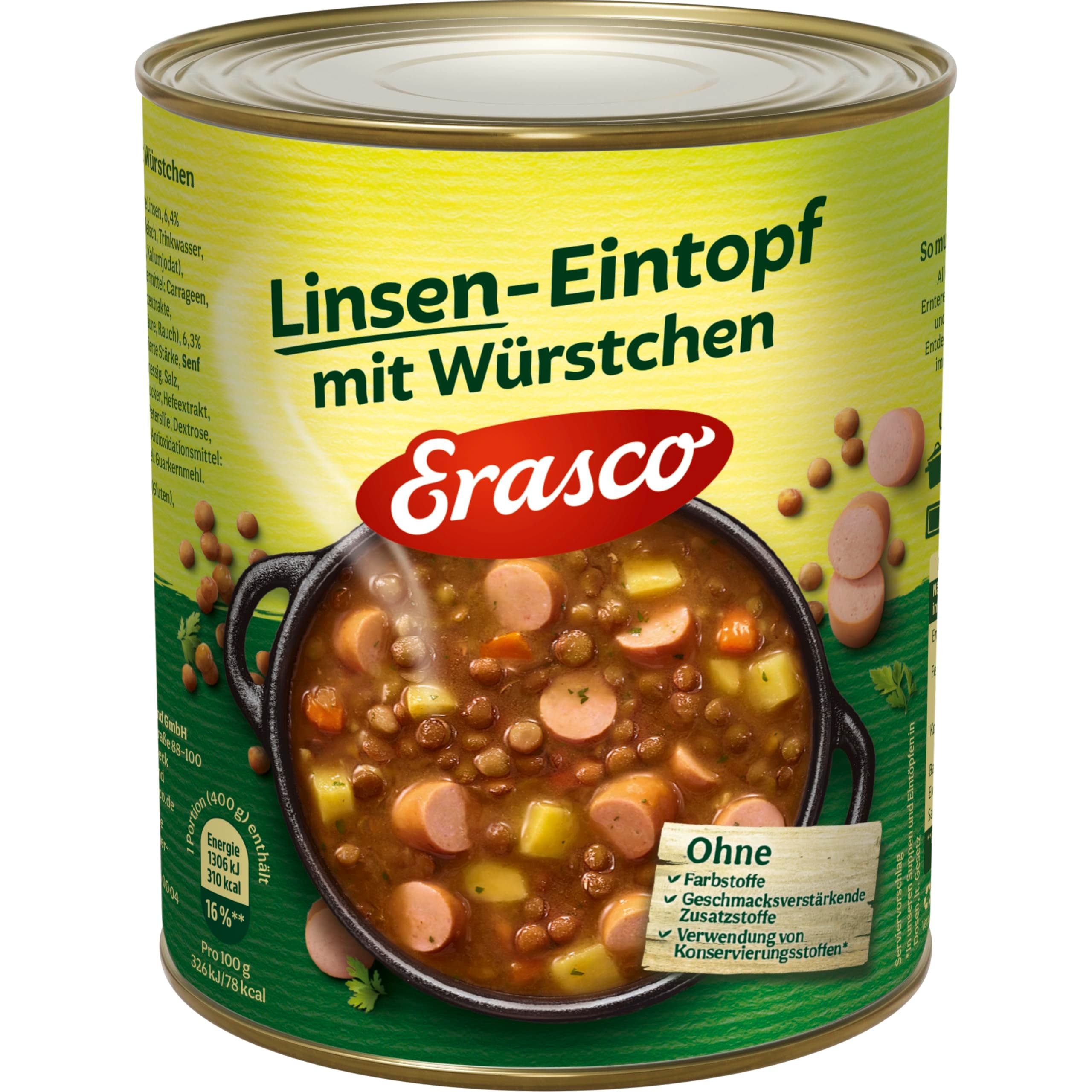 Erasco Linsen-Eintopf mit Würstchen (800g) In rund 5 Minuten fertig – Mit viel Gemüse – Ohne Schnickschnack - einfach lecker 800 g (1er Pack)