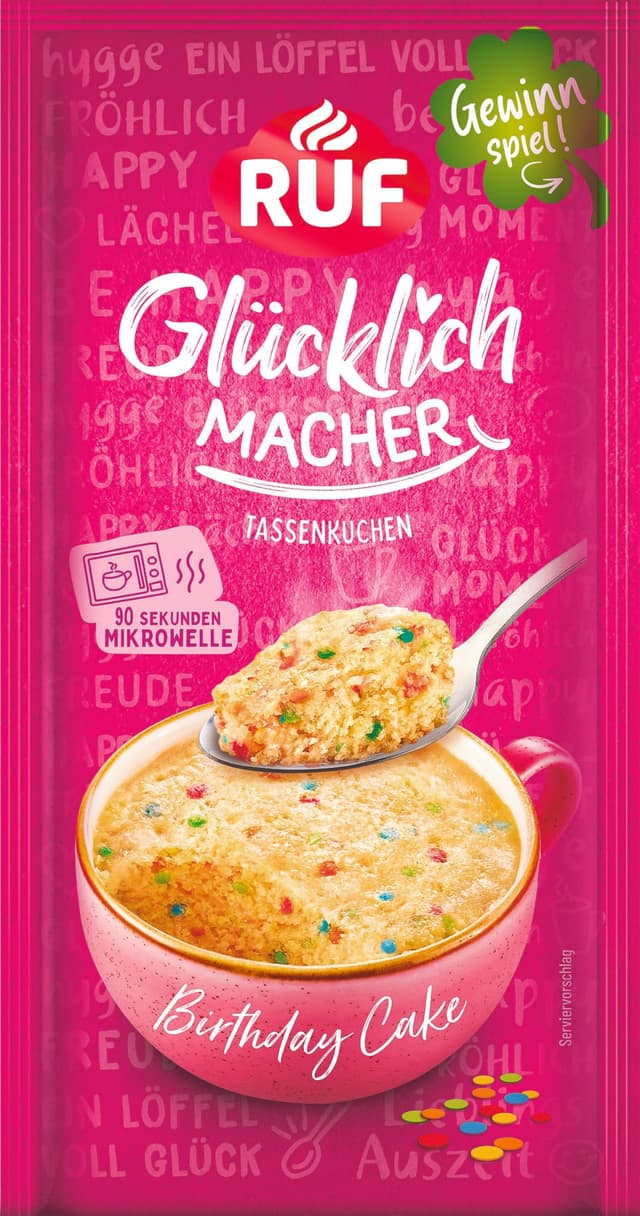 RUF Glücklichmacher Tassenkuchen Birthday Cake, aromatisch-süßer Kuchen mit bunten Konfettis, in 90 Sekunden fertig, einfach mit Milch anrühren, 1 Portion