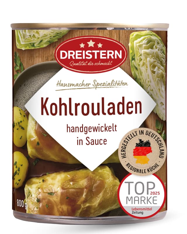 DREISTERN Kohlrouladen 800g I Mit würziger Fleischfüllung in Sauce I Herzhaftes Fertiggericht in recyclebarer Konservendose I Lange Haltbarkeit dank natürlicher Konservierung I Hausmacher Qualität 800 g (1er Pack) Kohlrouladen