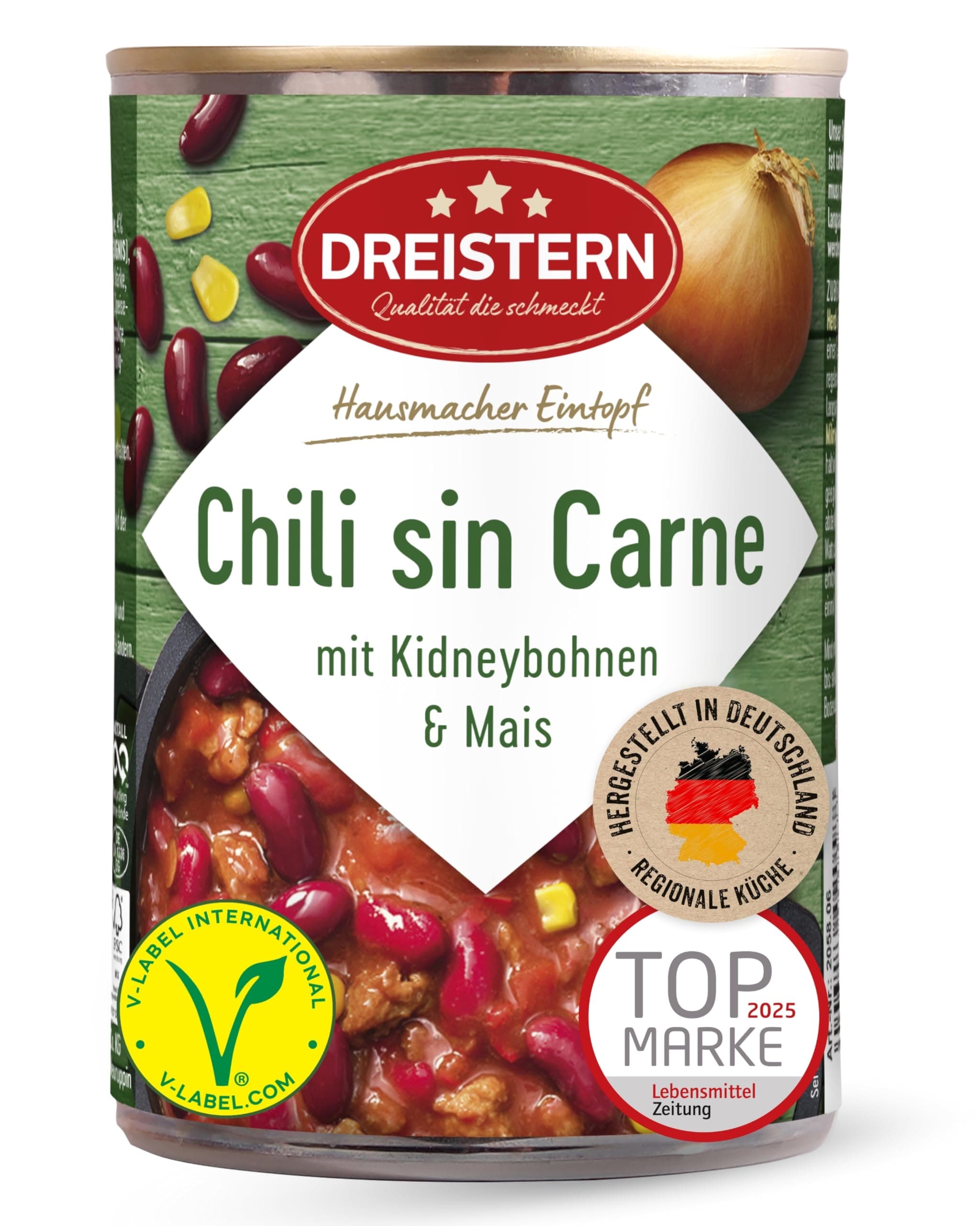 DREISTERN Chili sin Carne 400g I Veganer Eintopf mit Kidneybohnen & Mais I High-Protein mit hochwertigen Nährwerten I Lange Haltbarkeit & ohne zugesetzte Konservierungsstoffe I Hausmacher Qualität 400 g (1er Pack) Chili sin Carne
