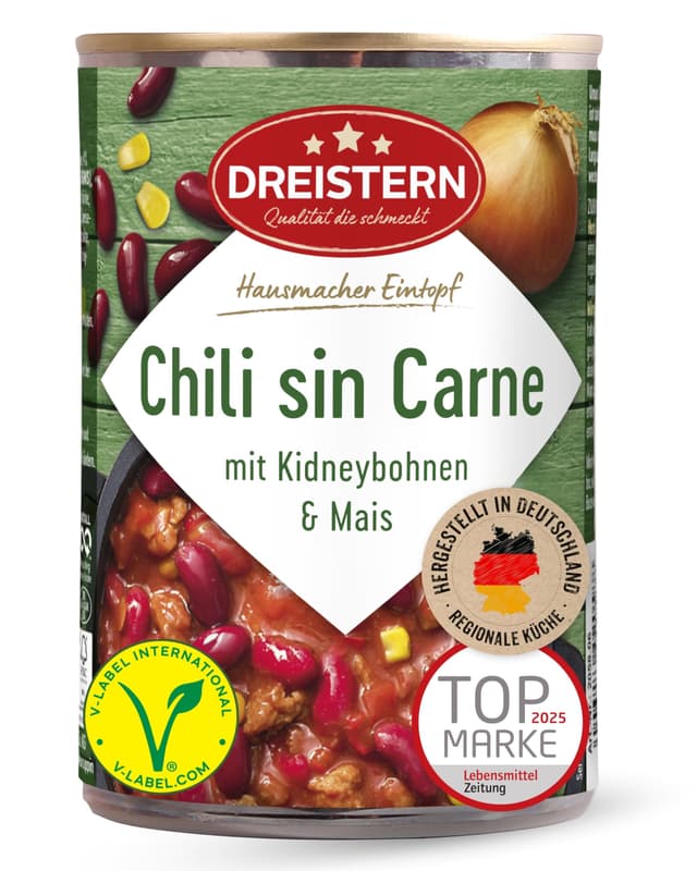 DREISTERN Chili sin Carne 400g I Veganer Eintopf mit Kidneybohnen & Mais I High-Protein mit hochwertigen Nährwerten I Lange Haltbarkeit & ohne zugesetzte Konservierungsstoffe I Hausmacher Qualität 400 g (1er Pack) Chili sin Carne