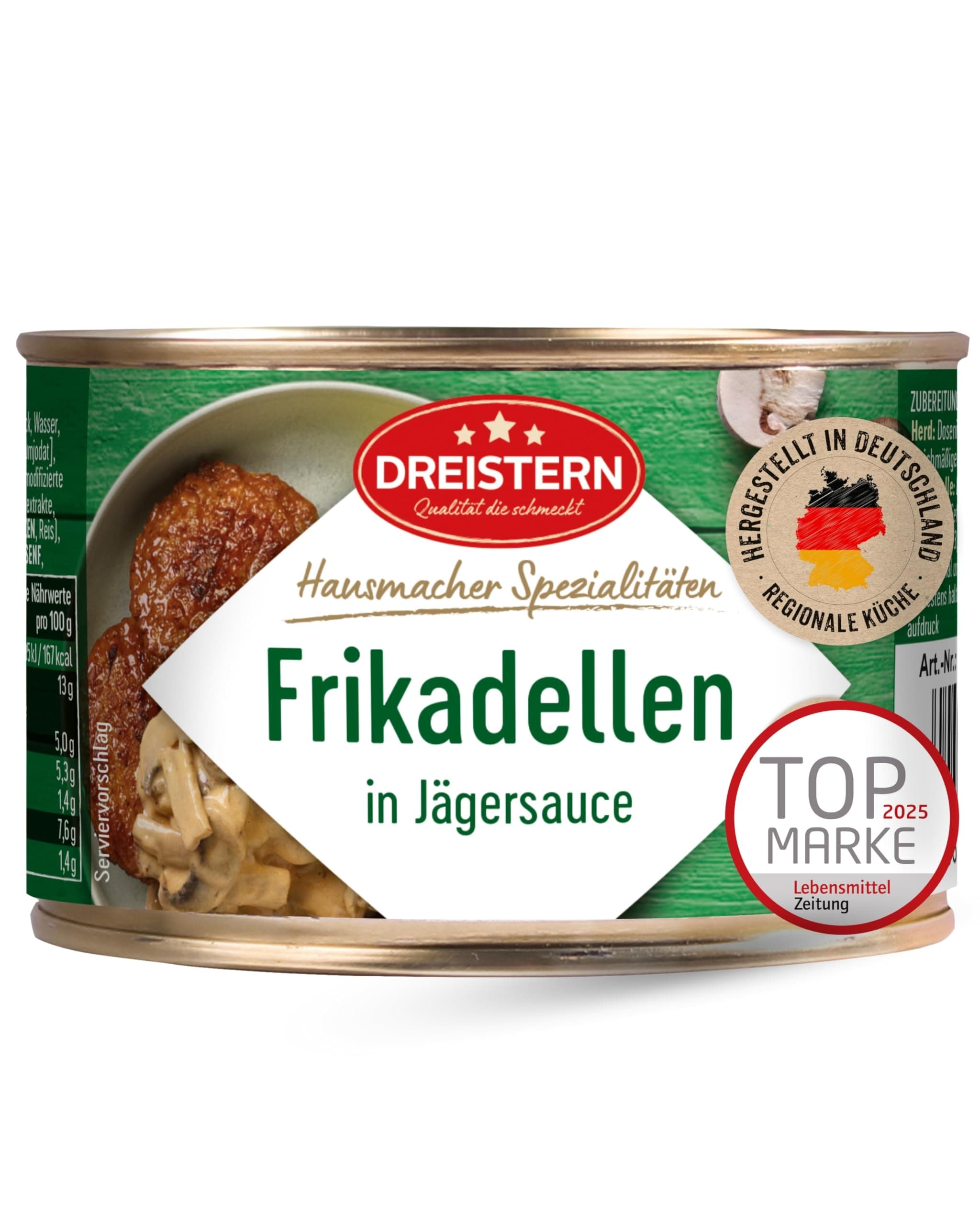 DREISTERN Frikadellen 400g I Mit Jägersauce I Herzhaftes Fertiggericht in recyclebarer Konservendose I Lange Haltbarkeit dank natürlicher Konservierung I Hausmacher Qualität 400 g (1er Pack)