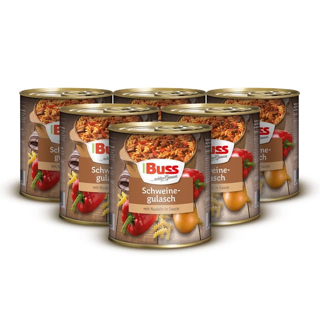 Buss Rustikale Gerichte - Gulasch vom Schwein mit Nudeln und Paprika - Lang haltbare Fertiggerichte zum schnellen Aufwärmen in Mikrowelle & Topf - 6 x 800g Schweinegulasch