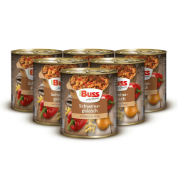 Buss Rustikale Gerichte - Gulasch vom Schwein mit Nudeln und Paprika - Lang haltbare Fertiggerichte zum schnellen Aufwärmen in Mikrowelle & Topf - 6 x 800g Schweinegulasch Angebot bei HelloDeals