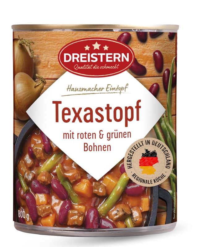 DREISTERN Texastopf 800g I Mit Bohnen & Fleischwurst I Herzhafter Eintopf in recyclebarer Konservendose I Lange Haltbarkeit dank natürlicher Konservierung I Hausmacher Qualität