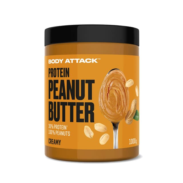 Body Attack Peanut Butter Creamy, 1kg - Erdnussbutter 30% Protein ohne Zuckerzusatz, vegan, ohne palmöl