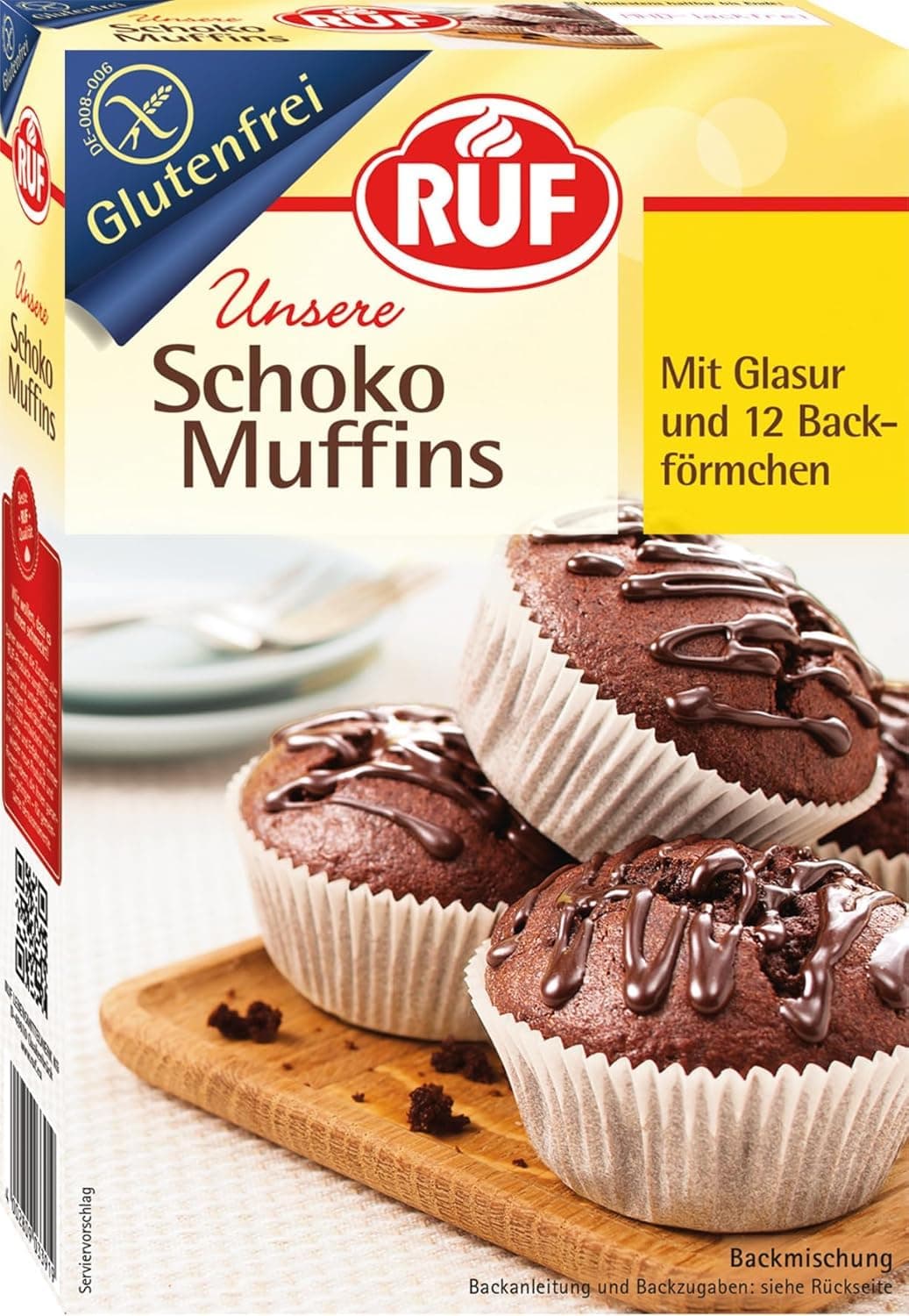 RUF Glutenfreie Muffins Schoko mit Kakaoglasur, Backmischung für schokoladige American Style Muffins, Zöliakie geeignet, inkl. 12 Muffinförmchen Schoko Muffins 350 g (1er Pack)