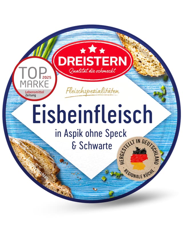 DREISTERN Eisbeinfleisch in feinem Aspik 200g I Ohne Speck & Schwarte I Herzhafte Spezialität in recyclebarer Konservendose I Lange Haltbarkeit dank natürlicher Konservierung I Hausmacher Qualität 200 g (1er Pack)