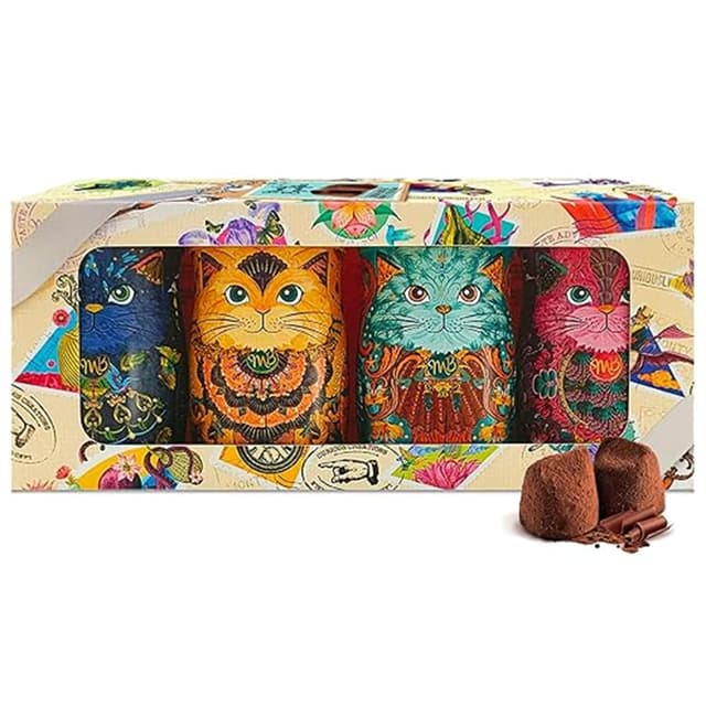 Monty Bojangles Kit-Tins Schokoladentrüffel (4 x 36g) Truffle Pralinen mit Kakao bestäubt Pralinen, Schokolade Sammlerdose mit Katzen-Design, Geschenkset mit vier Geschmacksrichtungen 4 x Kit Tins