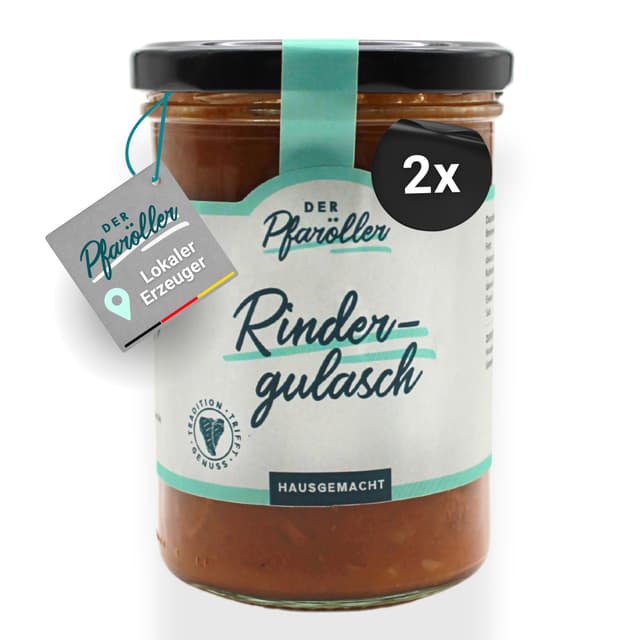 DER PFARÖLLER Hausgemachtes Rindergulasch - 2 Gläser mit jeweils 400 gr. – Rindfleischragout im Glas – Fertiggericht für Topf & Mikrowelle, nachhaltig & köstlich (1er Set)