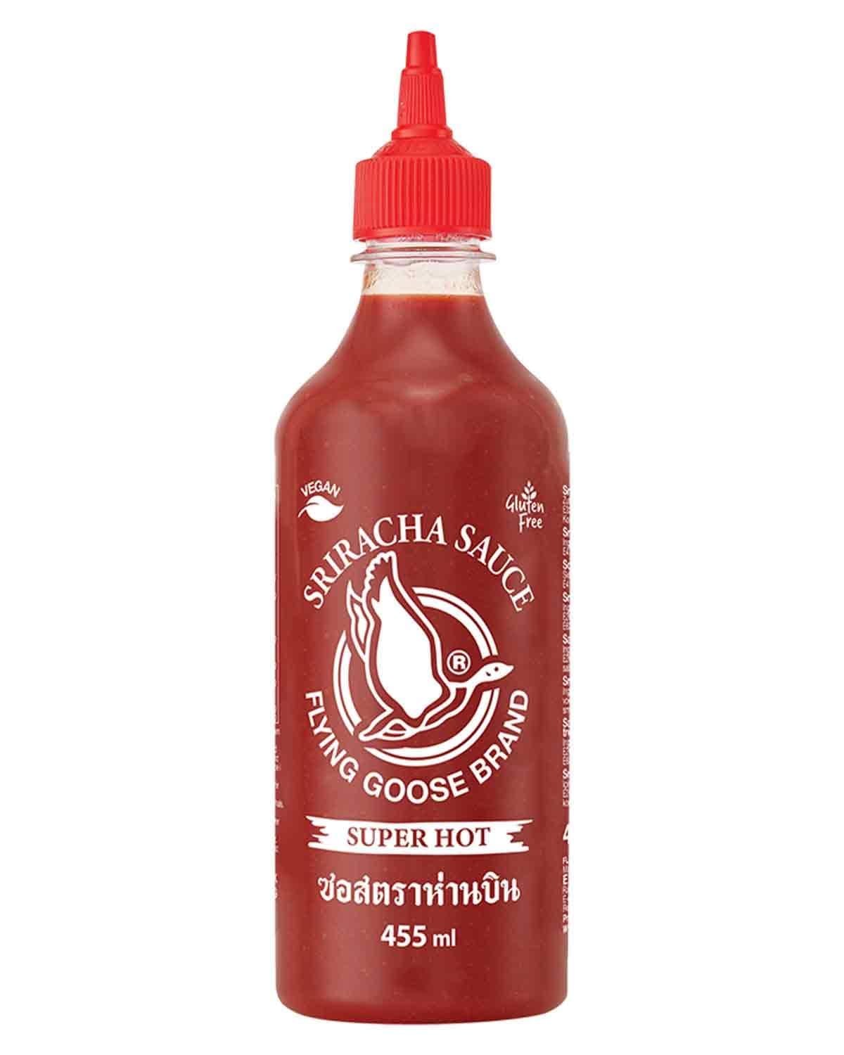 FLYING GOOSE Sriracha Chilisauce, mit extra Chili, sehr scharf, rote Kappe, sehr scharfe Würzsauce aus Thailand, 1 x 455 ml 455ml