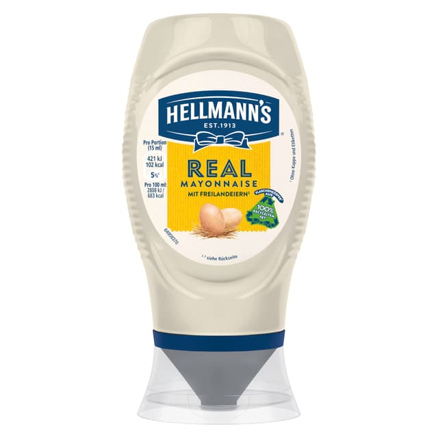 Hellmann's Real Mayonnaise mit Freilandeiern, 100% natürliche Zutaten ideal für Burger, Pommes und Salate, 250 ml Squeezer-Flasche 250ml Neue Rezeptur