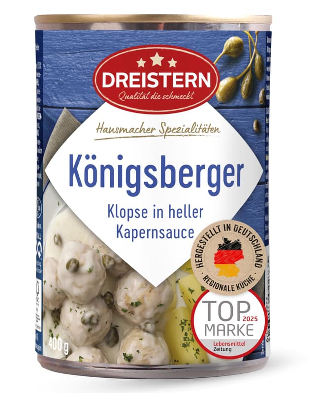 DREISTERN Königsberger Klopse 400g I 4 Klopse in heller Kapernsauce I Herzhaftes Fertiggericht in recyclebarer Konservendose I Lange Haltbarkeit dank natürlicher Konservierung I Hausmacher Qualität 400 g (1er Pack)