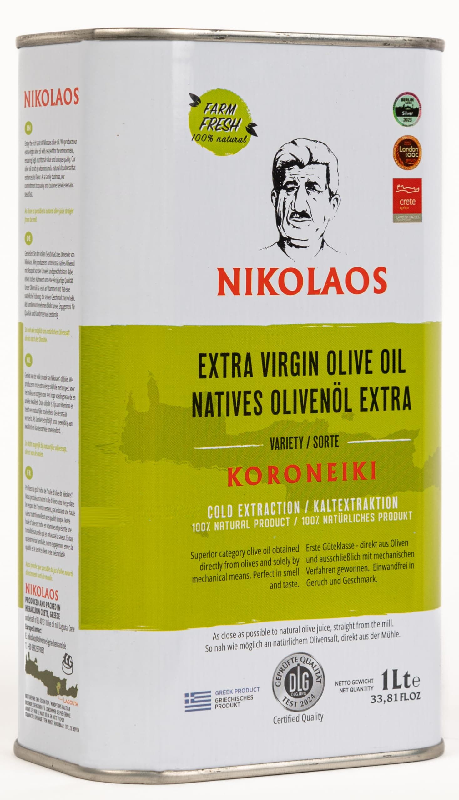 Olivenöl 1L aus Kreta „NIKOLAOS“ - Extra Nativ - Premium Qualität mit niedrigem Säuregehalt, Kaltgepresst, Reich an Polyphenolen, Neue Ernte: Dezember 2024 bis Februar 2025. MHD: Nov. 2026 - Jan. 2027 1 l (1er Pack)