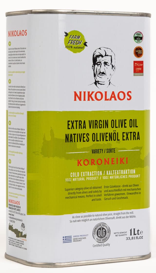 Olivenöl 1L aus Kreta „NIKOLAOS“ - Extra Nativ - Premium Qualität mit niedrigem Säuregehalt, Kaltgepresst, Reich an Polyphenolen, Neue Ernte: Dezember 2024 bis Februar 2025. MHD: Nov. 2026 - Jan. 2027 1 l (1er Pack)